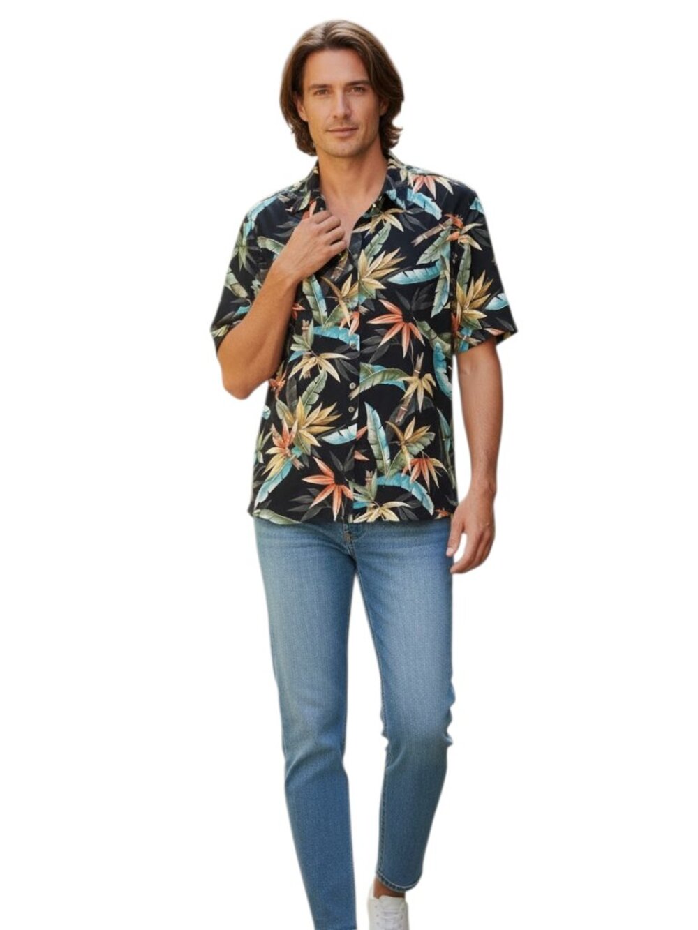 Croft & Barrow Men Button Up Hawaiian Shirt XL Black with floral pattern